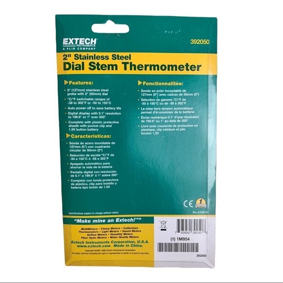 Extech 2" Stainless Steal Dial Stem Thermometer,  -58 to 302°F NEW IN PACKAGING - Picture 2 of 5